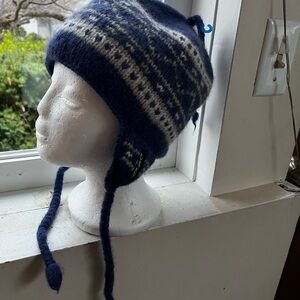 Navy and Cream Knit Earflap Beanie wool Nepal hat
